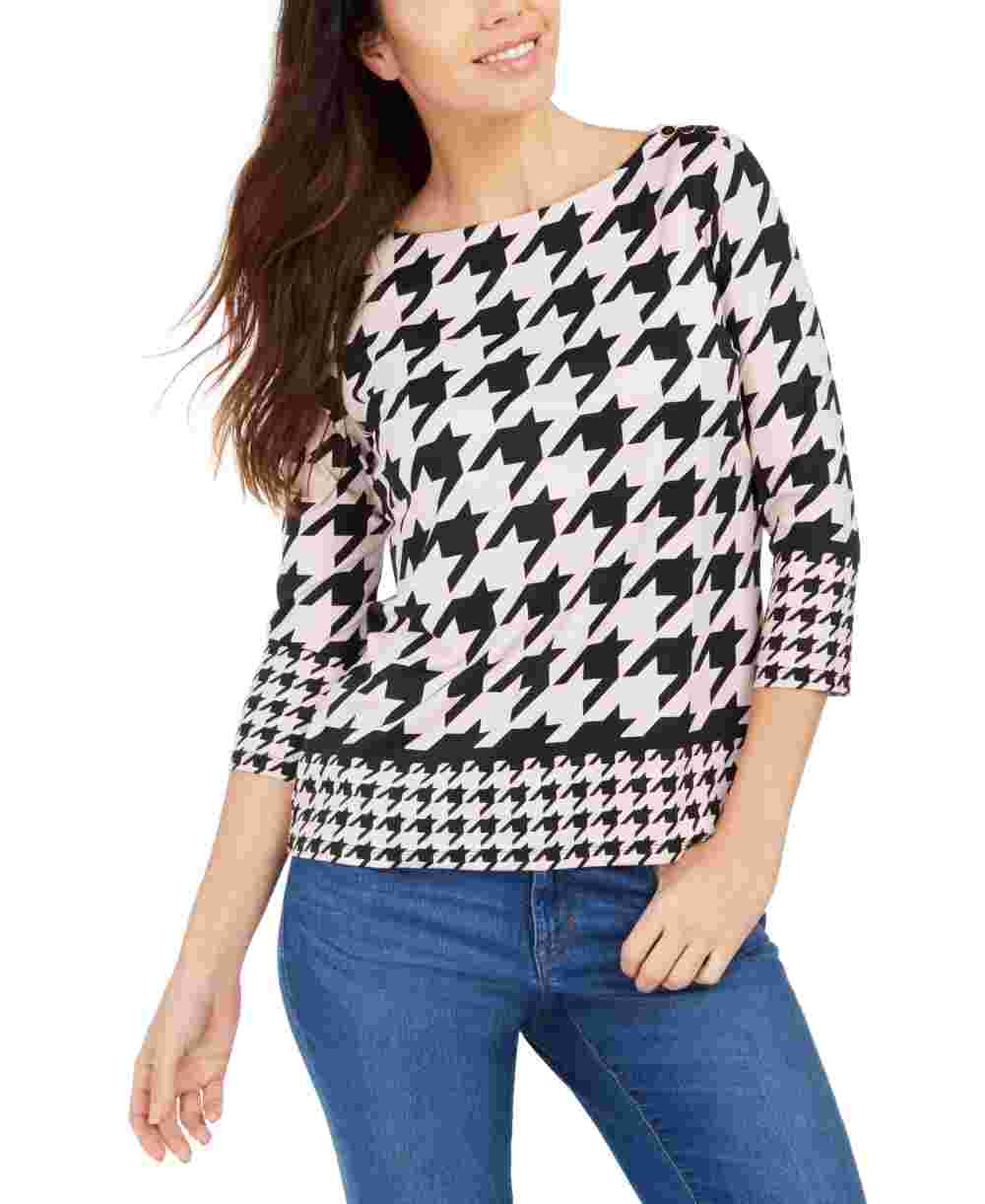 Blusa feminina Charter Club com botões e estampa pied-de-poule, rosa, tamanho pequeno G