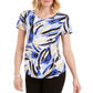 Camiseta feminina estampada com decote redondo da coleção JM, azul, tamanho X-S