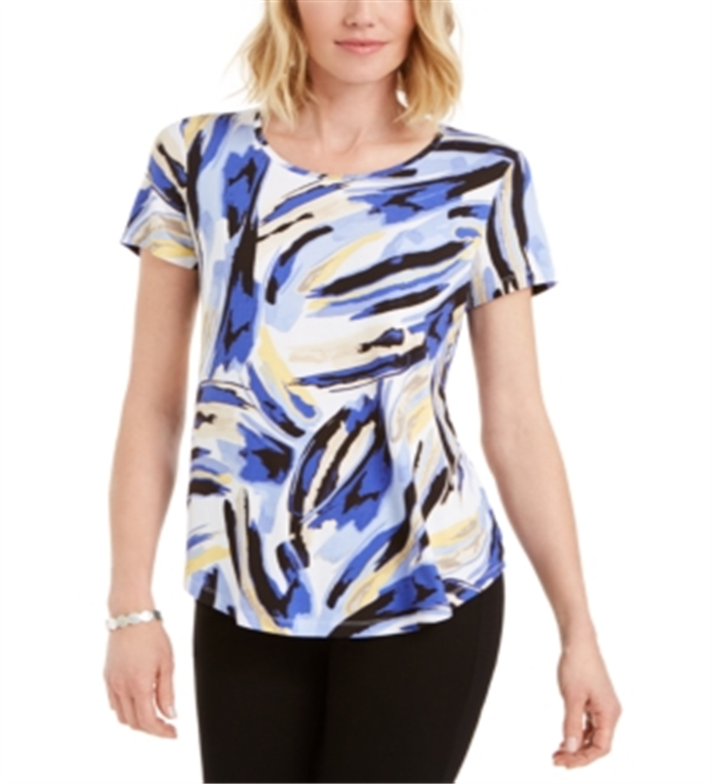 Camiseta feminina estampada com decote redondo da coleção JM, azul, tamanho X-S
