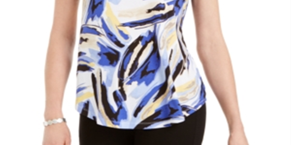 Camiseta feminina estampada com decote redondo da coleção JM, azul, tamanho X-S