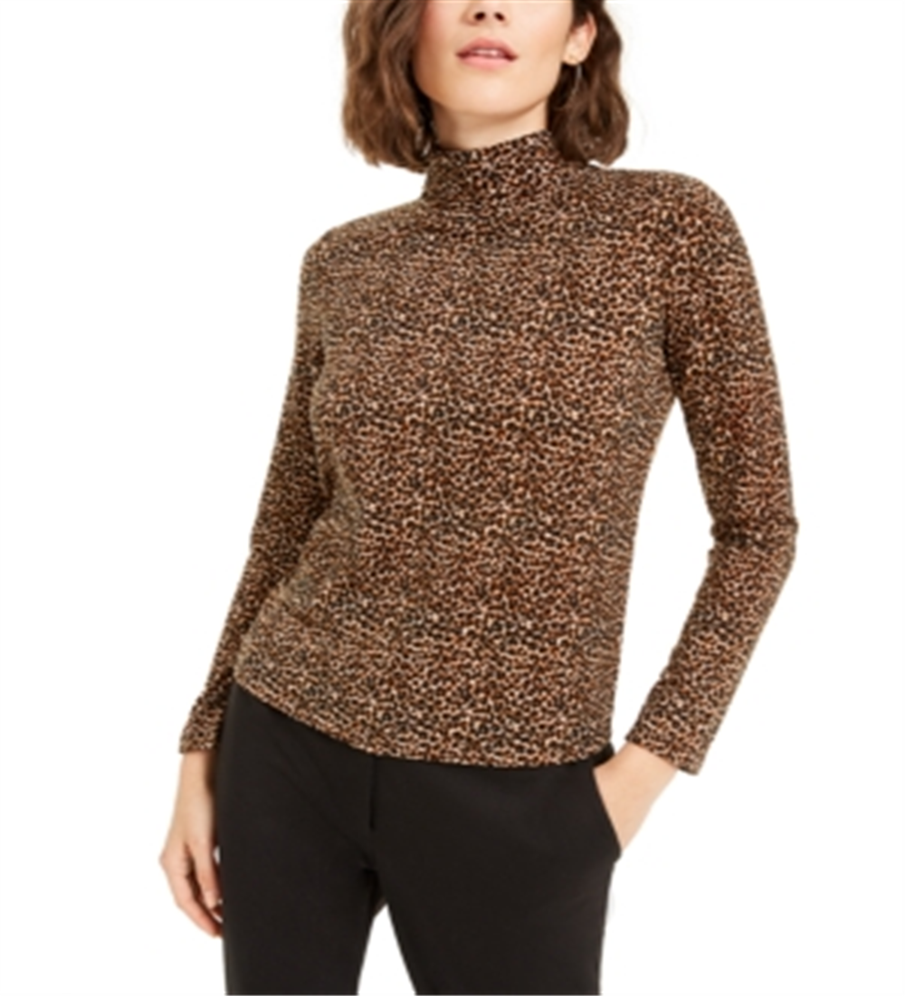 Blusa feminina Bar III com estampa animal e gola alta e trufas, marrom, tamanho extragrande