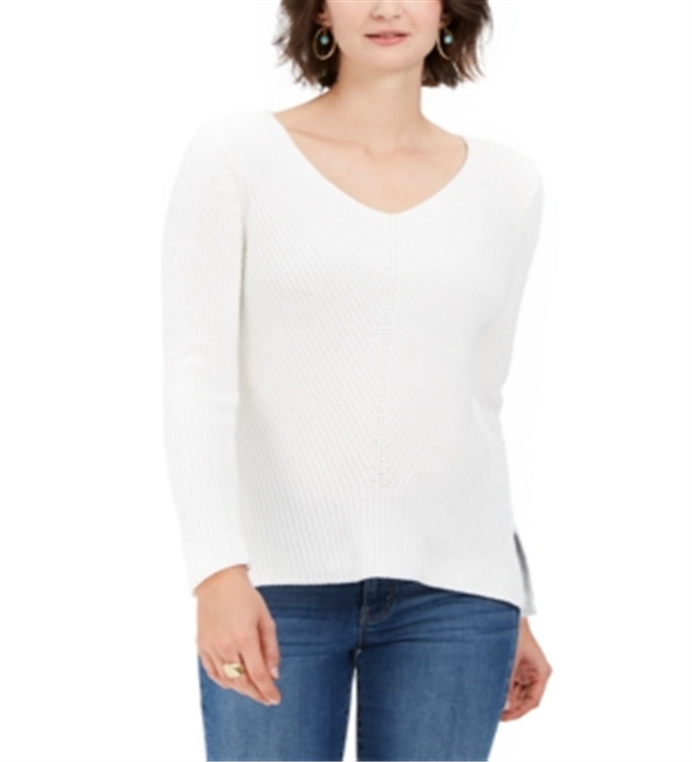 Suéter de algodão canelado com decote em V feminino Style &amp; Co, branco, tamanho XX-G