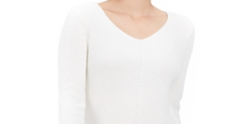 Suéter de algodão canelado com decote em V feminino Style &amp; Co, branco, tamanho XX-G