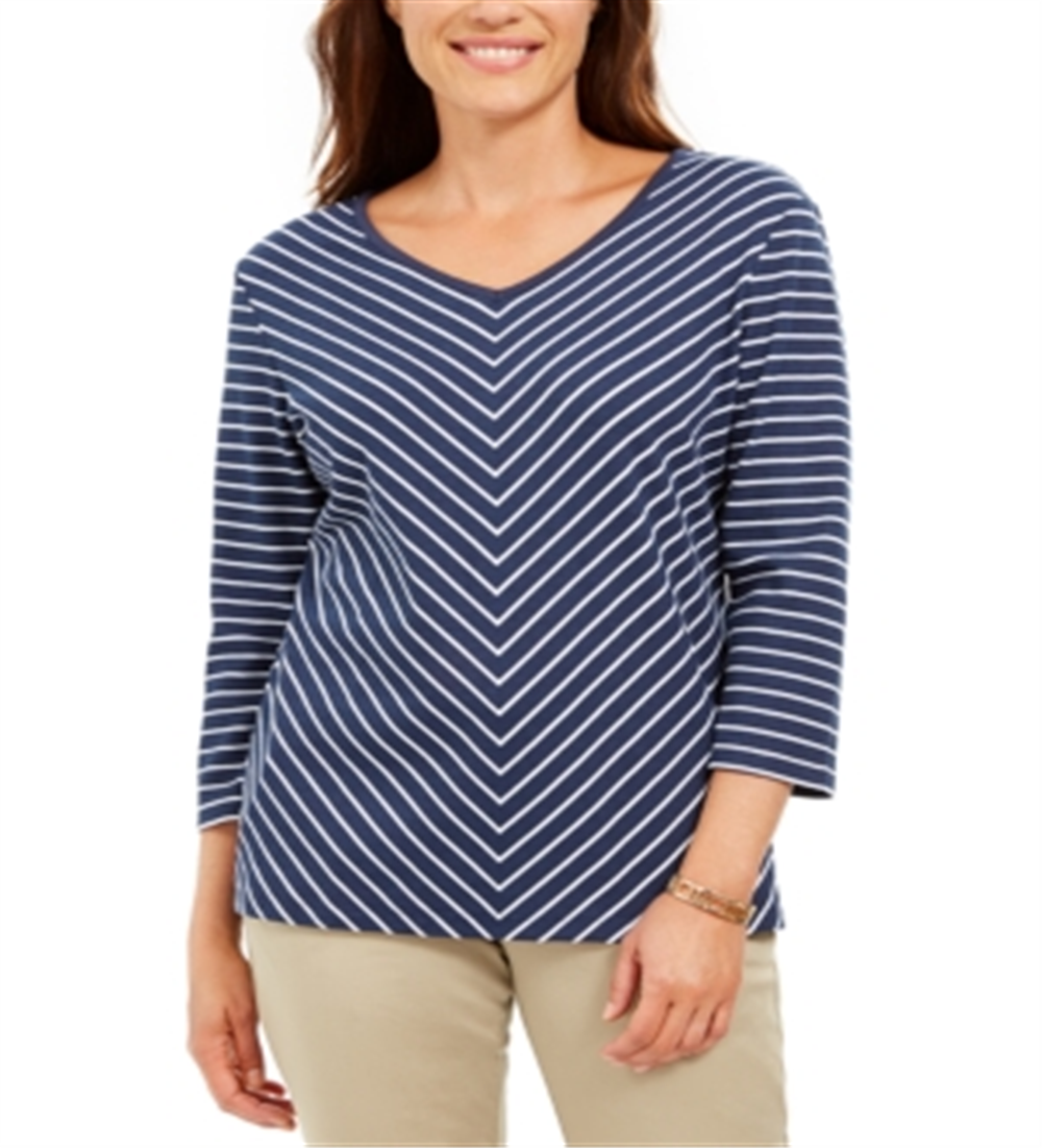Blusa listrada com decote em V Karen Scott, azul marinho, tamanho XS