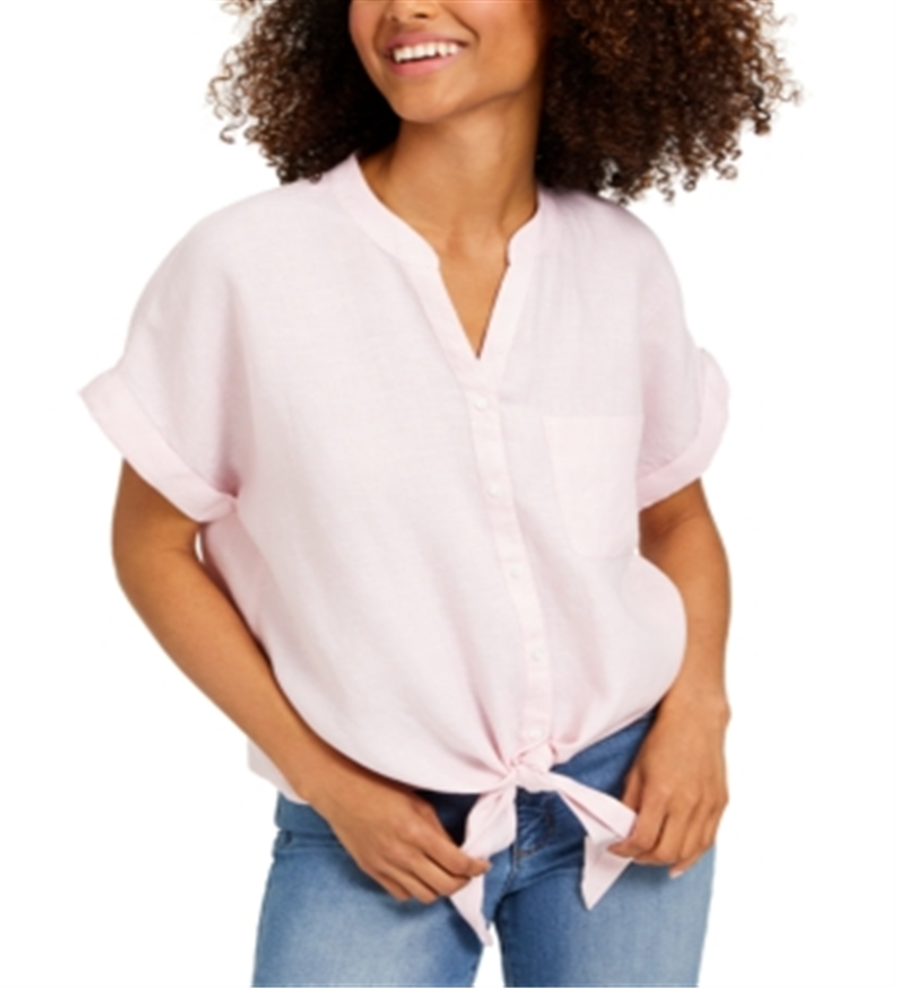Camisa feminina Charter Club de linho com botões frontais e amarração, rosa, tamanho médio