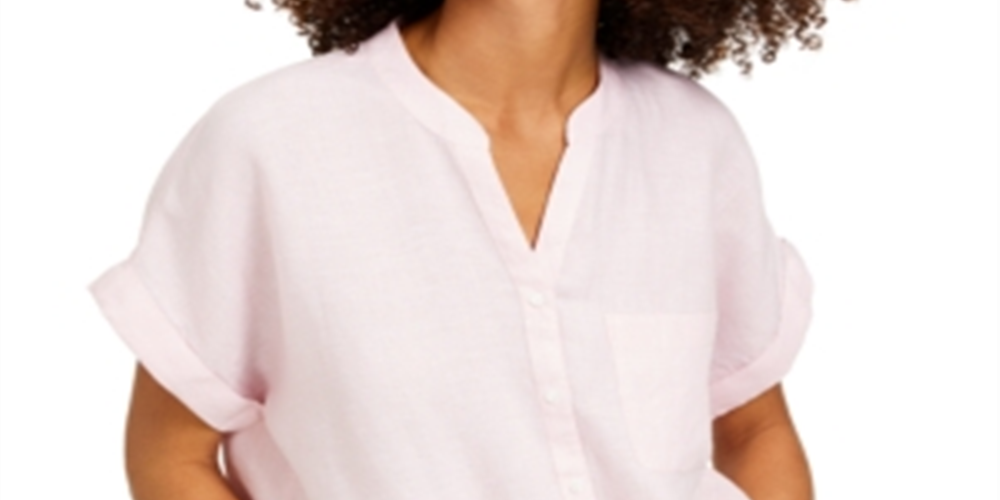 Camisa feminina Charter Club de linho com botões frontais e amarração, rosa, tamanho médio