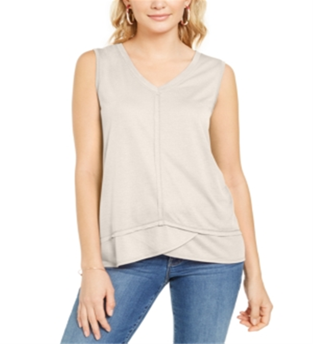 Regata feminina estilo &amp; co, bainha alta e baixa, gola V, tamanho médio, bege