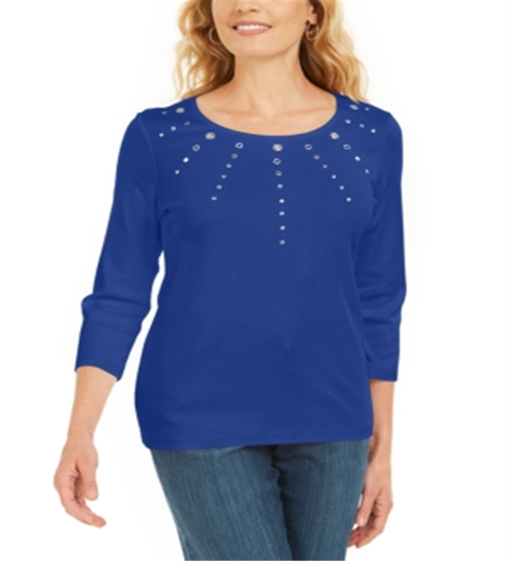 Karen Scott Top Feminino de Algodão com Ilhós e Enfeites Azul Tamanho X-S