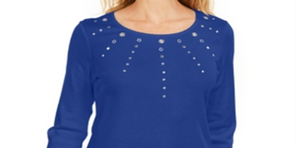 Karen Scott Top Feminino de Algodão com Ilhós e Enfeites Azul Tamanho X-S