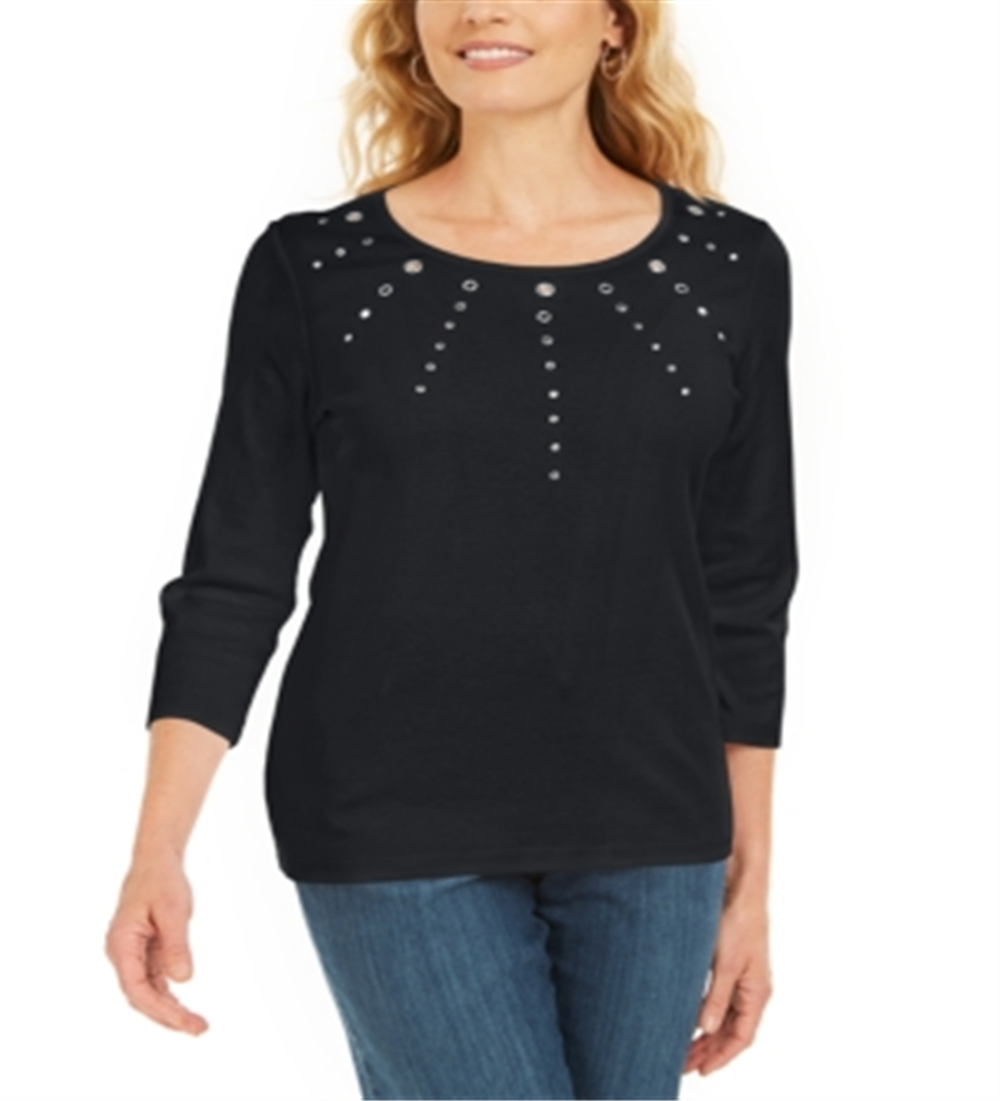 Karen Scott Top Feminino de Algodão com Ilhós e Enfeites Preto Tamanho P