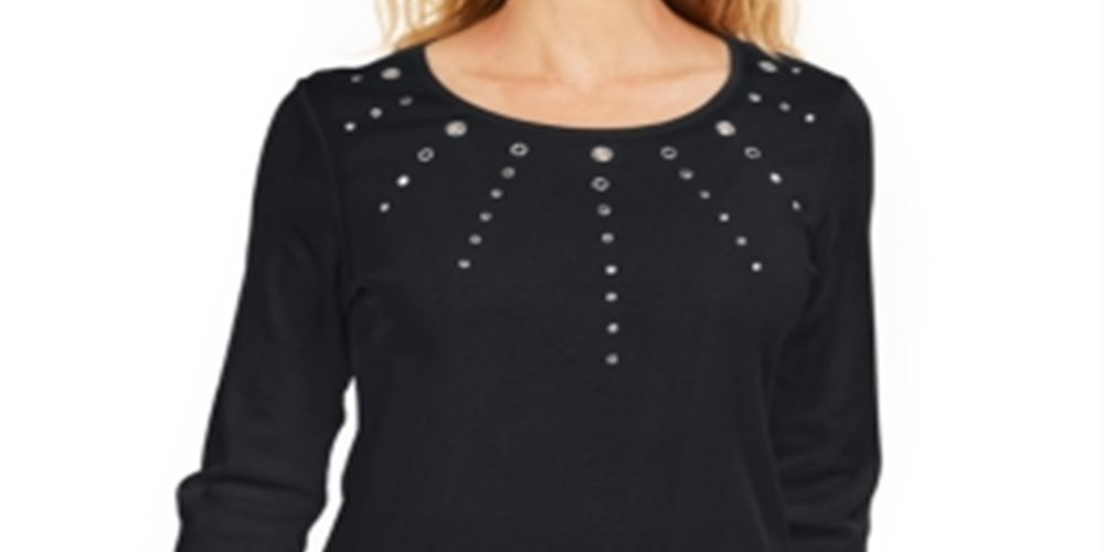 Karen Scott Top Feminino de Algodão com Ilhós e Enfeites Preto Tamanho P