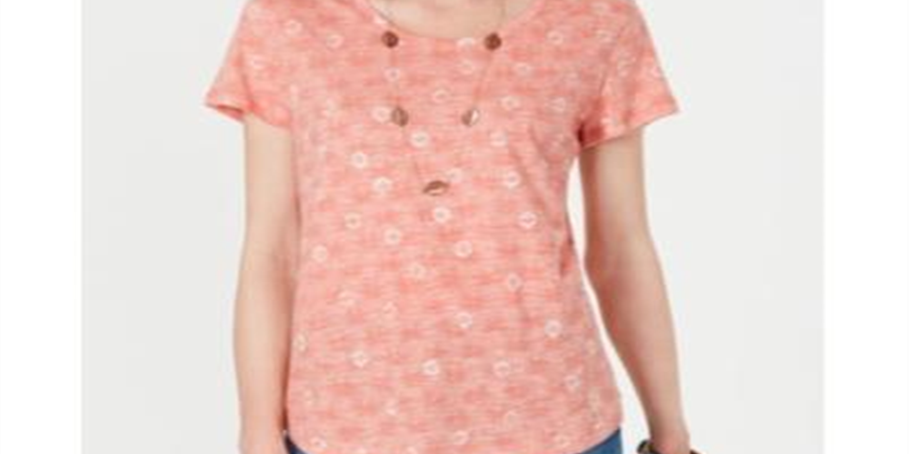 Blusa feminina de algodão com estampa de gola redonda, tamanho Pêssego, estilo &amp; Co