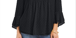 Charter Club Top feminino com babados duplos texturizados e pregas, preto, tamanho pequeno P