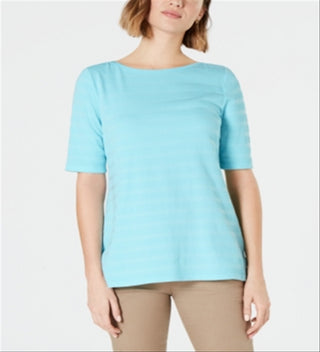Charter Club Top feminino de algodão com listras e mangas compridas, tamanho grande, azul