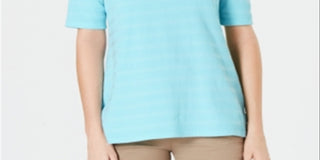 Charter Club Top feminino de algodão com listras e mangas compridas, tamanho grande, azul