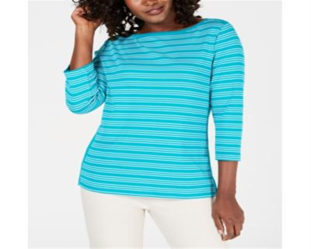 Blusa feminina Karen Scott de algodão listrada com bainha ventilada, azul, tamanho X-S