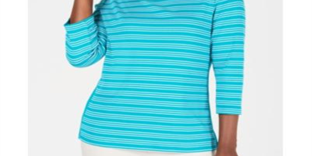 Blusa feminina Karen Scott de algodão listrada com bainha ventilada, azul, tamanho X-S