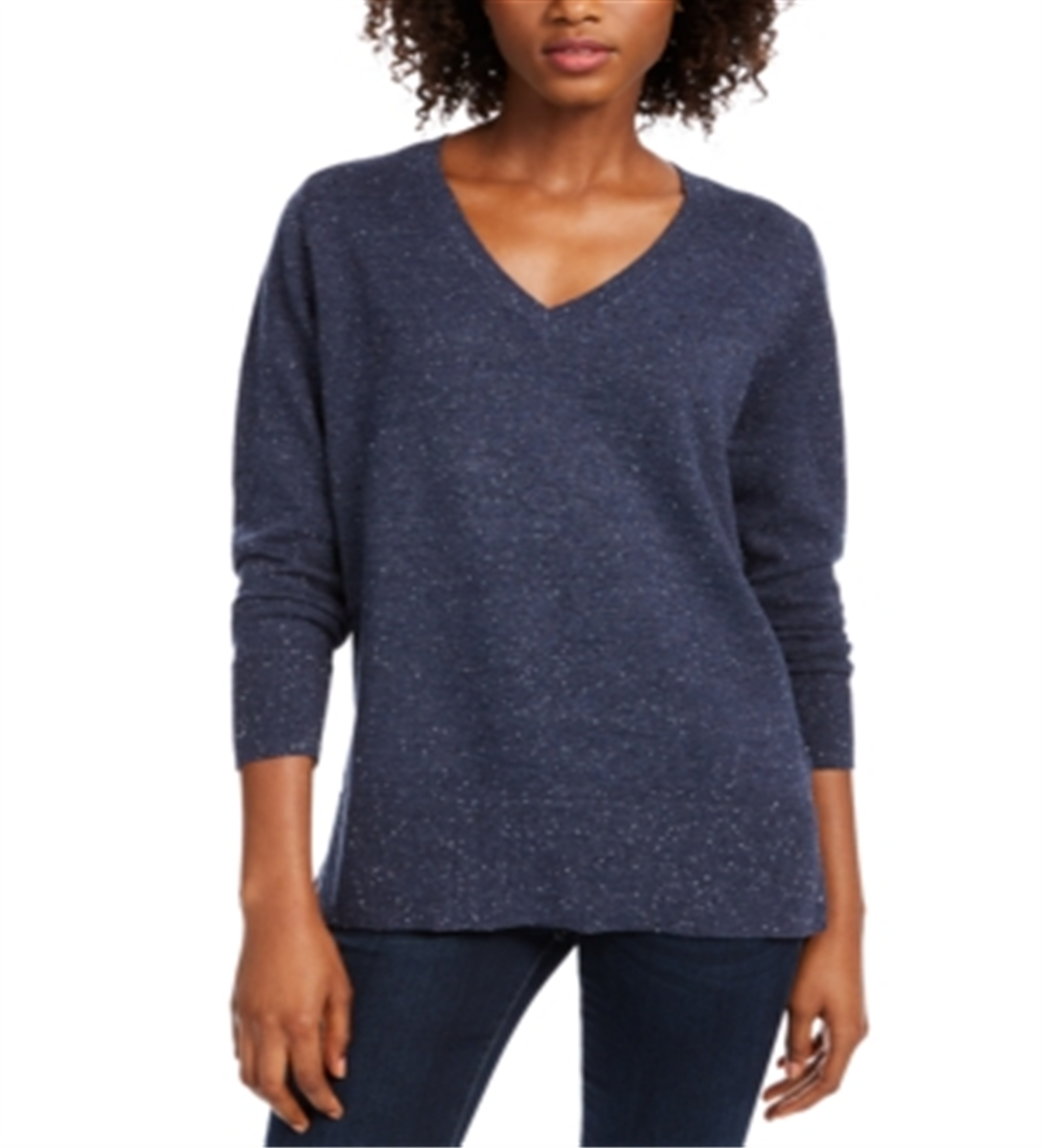Suéter túnica feminino Maison Jules de algodão com decote em V, azul, tamanho grande