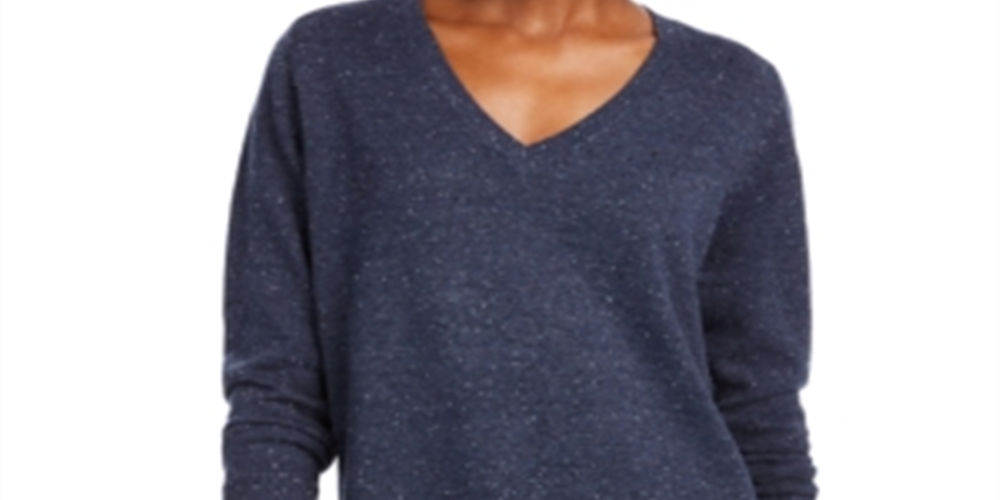 Suéter túnica feminino Maison Jules de algodão com decote em V, azul, tamanho grande