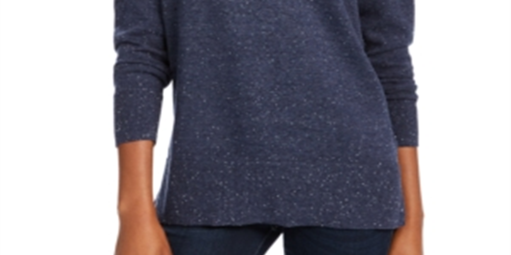 Suéter túnica feminino Maison Jules de algodão com decote em V, azul, tamanho grande