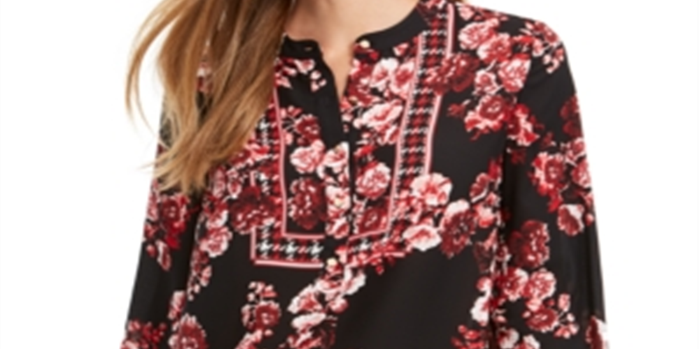 Túnica feminina com decote em joia e manga longa floral Charter Club, tamanho pequeno, vermelha
