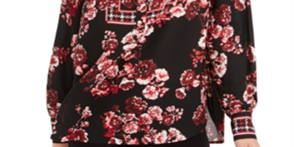 Túnica feminina com decote em joia e manga longa floral Charter Club, tamanho pequeno, vermelha