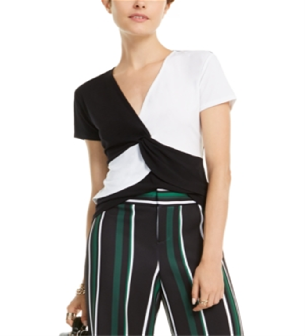 INC International Concepts Top feminino com estampa de blocos de cores e torção frontal, preto, tamanho pequeno médio