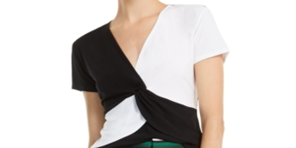 INC International Concepts Top feminino com estampa de blocos de cores e torção frontal, preto, tamanho pequeno médio