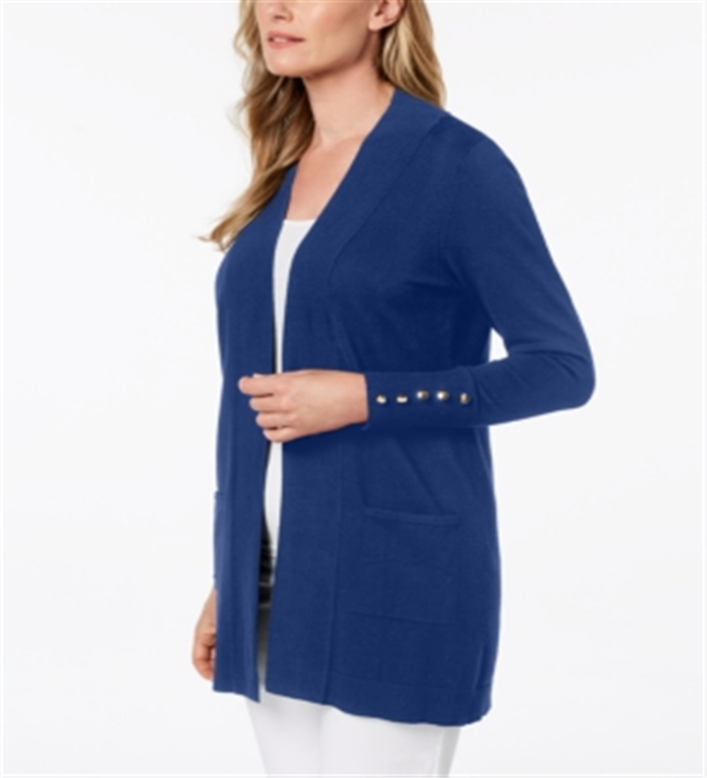 Cardigan feminino JM Collection com frente aberta, azul, tamanho pequeno P