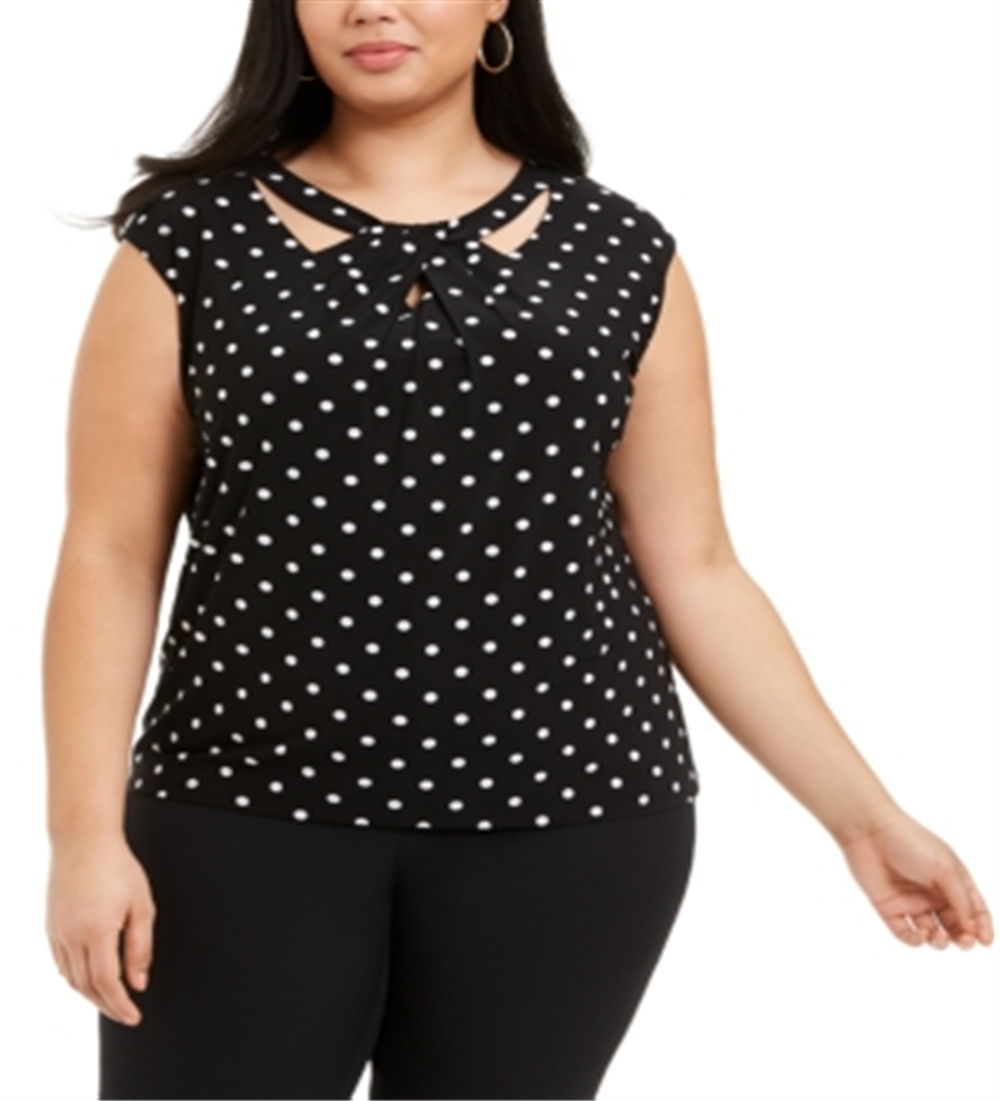 Top feminino Kasper com recorte de bolinhas, preto, tamanho 1X