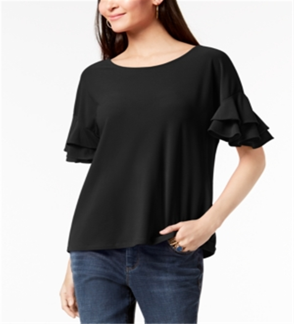 Blusa feminina com mangas franzidas da INC International Concepts, preta, tamanho pequeno P