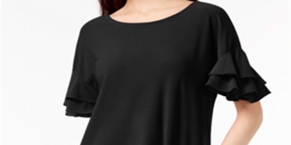 Blusa feminina com mangas franzidas da INC International Concepts, preta, tamanho pequeno P