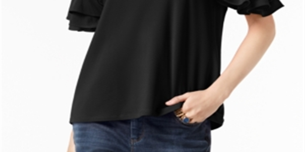 Blusa feminina com mangas franzidas da INC International Concepts, preta, tamanho pequeno P