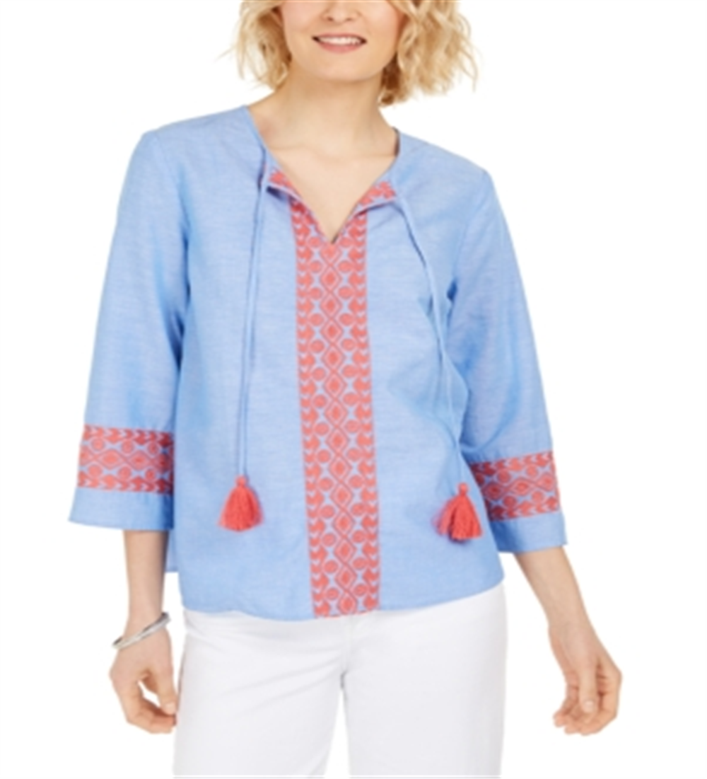 Blusa feminina bordada com borlas Charter Club, azul, tamanho extragrande