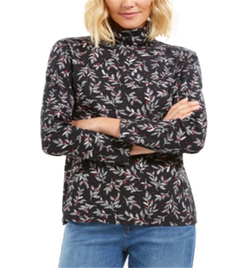 Blusa feminina Karen Scott com estampa de gola alta, preta, tamanho X-S