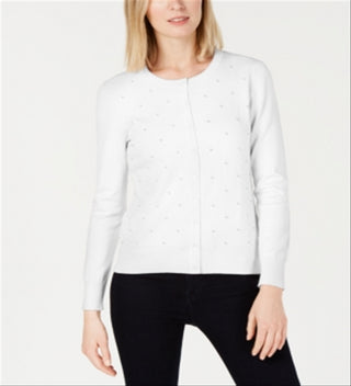 Cardigan feminino com botões e detalhes em pérolas Charter Club, tamanho grande, branco