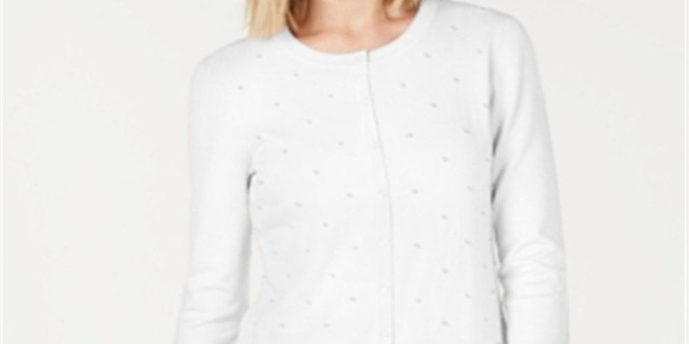 Cardigan feminino com botões e detalhes em pérolas Charter Club, tamanho grande, branco