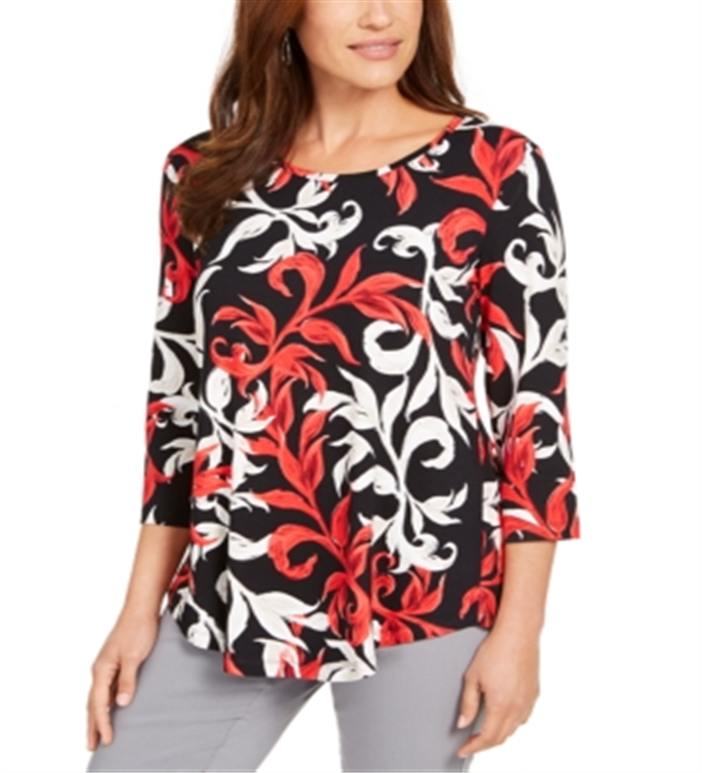 JM Collection Blusa feminina estampada com decote redondo, vermelha, tamanho X-S