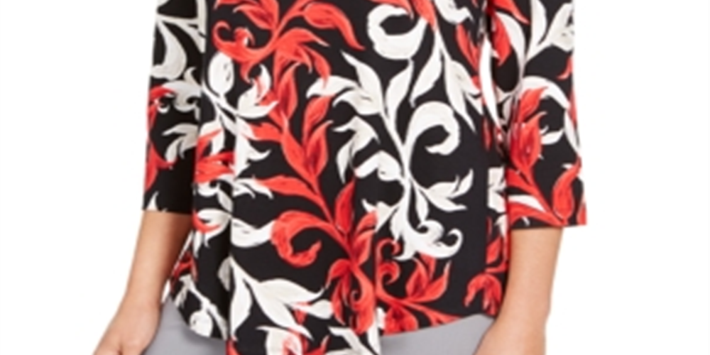 JM Collection Blusa feminina estampada com decote redondo, vermelha, tamanho X-S