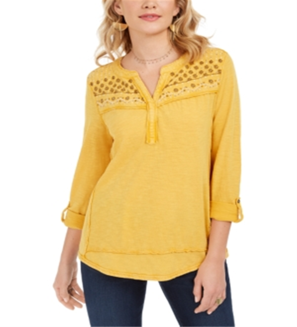 Camisa feminina de algodão bordado Style &amp; Co, amarela, tamanho X-S