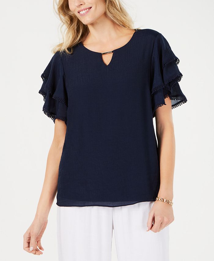 JM Collection Blusa Feminina Keyhole Gaze Azul Tamanho M