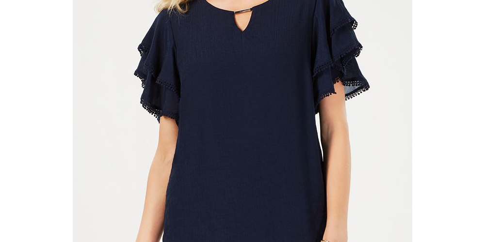 JM Collection Blusa Feminina Keyhole Gaze Azul Tamanho M