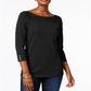 Karen Scott Blusa feminina texturizada com decote em joia e manga 3/4, preta, tamanho X-S