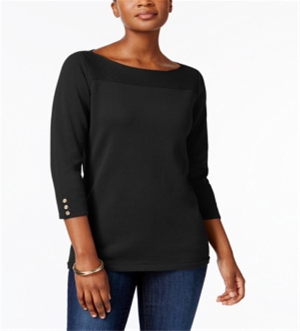 Karen Scott Blusa feminina texturizada com decote em joia e manga 3/4, preta, tamanho X-S
