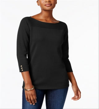 Karen Scott Women's Textured Jewel Neck 3/4 Sleeve Top Black Size X-Small