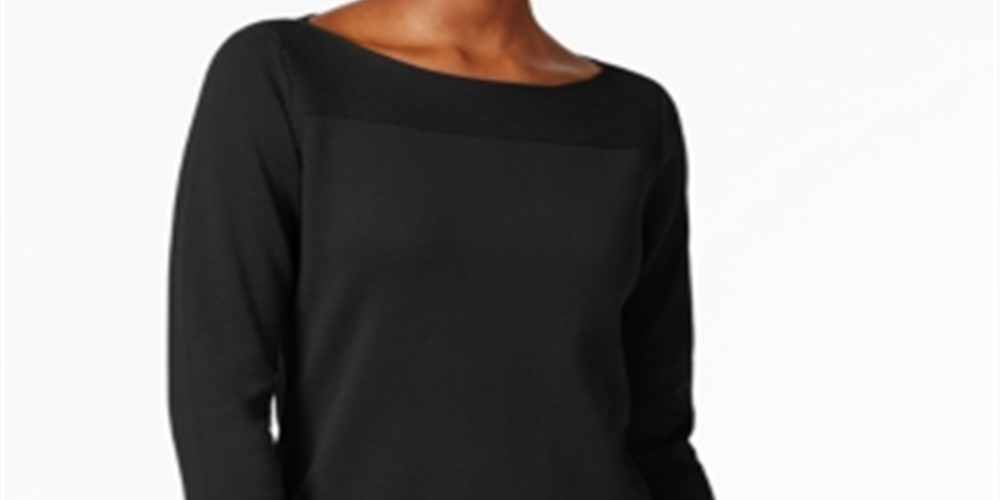 Karen Scott Blusa feminina texturizada com decote em joia e manga 3/4, preta, tamanho X-S