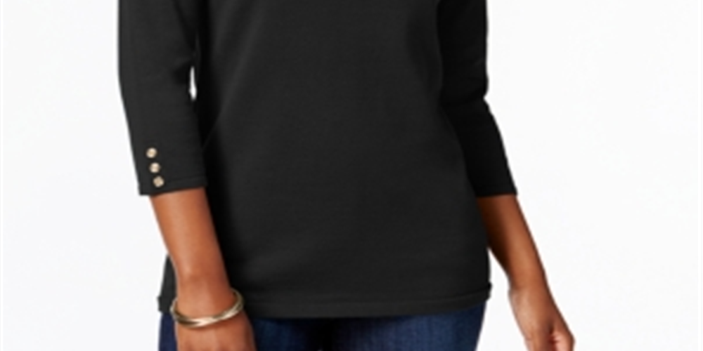 Karen Scott Blusa feminina texturizada com decote em joia e manga 3/4, preta, tamanho X-S