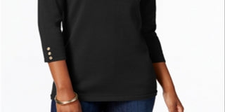 Karen Scott Women's Textured Jewel Neck 3/4 Sleeve Top Black Size X-Small