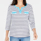 Blusa listrada de algodão com acabamento contrastante Karen Scott, azul, tamanho GG