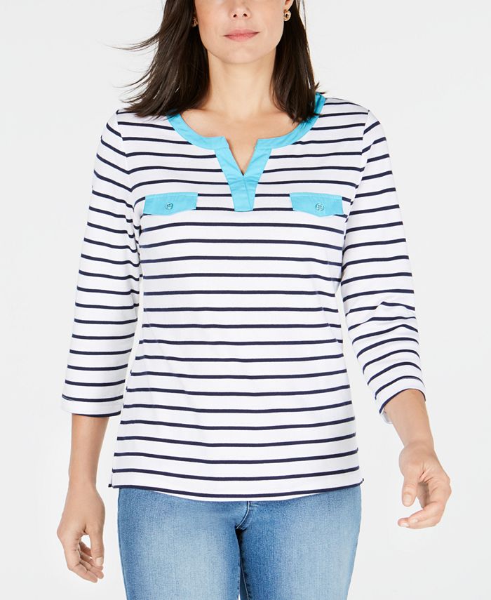 Blusa listrada de algodão com acabamento contrastante Karen Scott, azul, tamanho GG